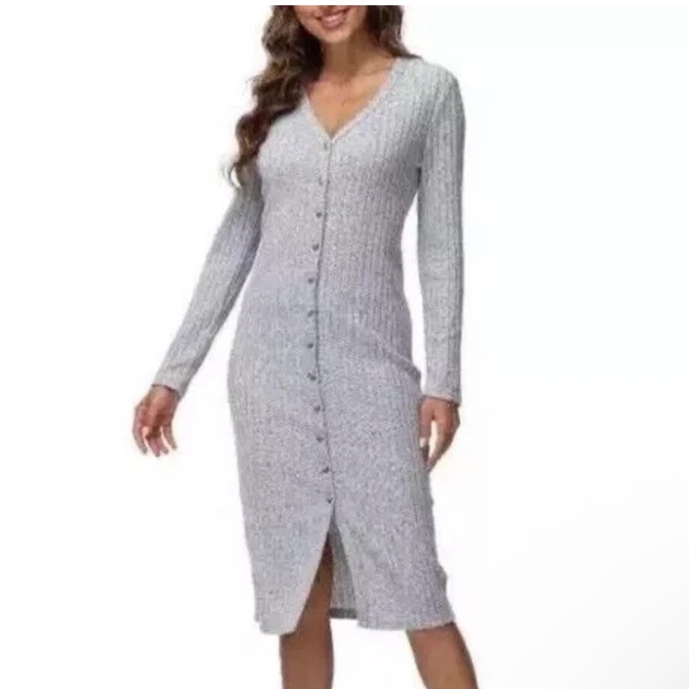Frye Womens Dressy Button Front Long Cardigan Sweater Dress Gray